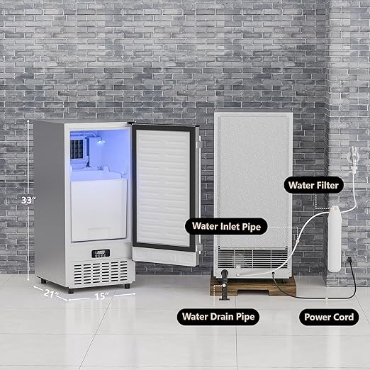Coolake 15" Commercial Under Counter Ice Maker, 80LBS/Day Built-in Freestanding Cube Ice Machine, Self-Cleaning & Removable Filter, Stainless Steel Ice Machine with 30LBS Storage for Home Bar