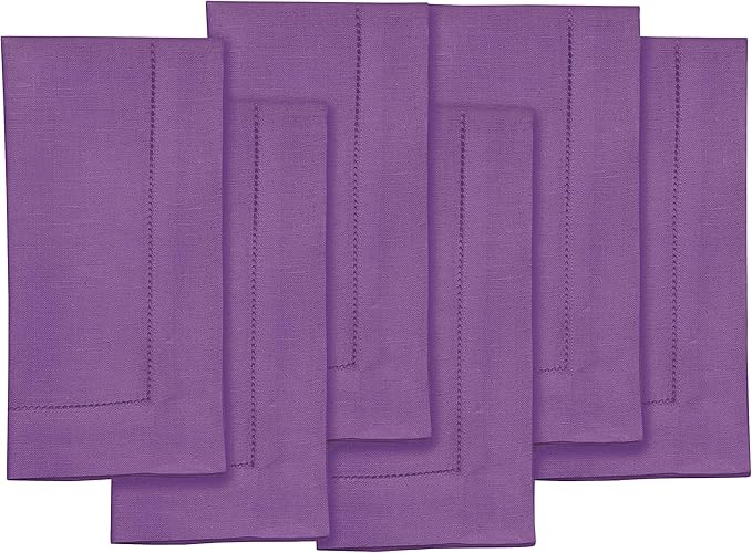 Solino Home Purple Linen Napkins Set of 6-100% Pure Linen Hemstitch Dinner Napkins 20 x 20 Inch for Fall, Autumn, Thanksgiving, Christmas - Classic Hemstitch