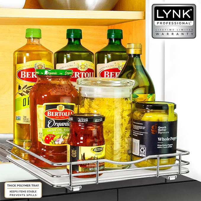 LYNK PROFESSIONAL® Pull Out Spice Rack Organizer for Inside Kitchen Cabinets - 10-3/8 inch Wide - Slide Out Drawer – Chrome Sliding Spice Cabinet Organization Shelf Racks - 1 Tier