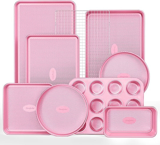 HONGBAKE 9-Piece Baking Pans Set Nonstick, Stackable Non Toxic Bakeware Sets with Diamond Texture, Oven Pan Set for Cooking, Includes Cookie Sheet with Rack, Cake Pan, Roasting Pan, Muffin Tin, Pink