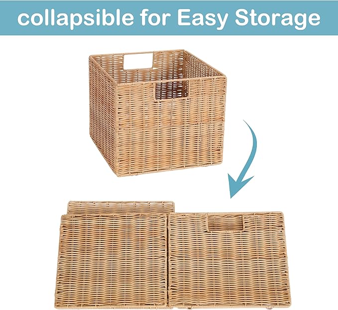 12X12X10in Plastic Wicker Storage Basket, Collapsible Wicker Cube Storage for Shelves, Woven Plastic Storage Basket for Pantry, Bedroom, Living Room, Bathroom, Shelves-3 Pack