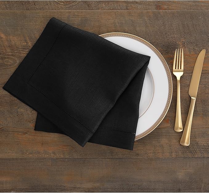 Solino Home Black Linen Napkins Set of 6-100% Pure Linen Hemstitch Dinner Napkins 20 x 20 Inch for Fall, Autumn, Winter, Thanksgiving, Christmas, Holiday - Classic Hemstitch