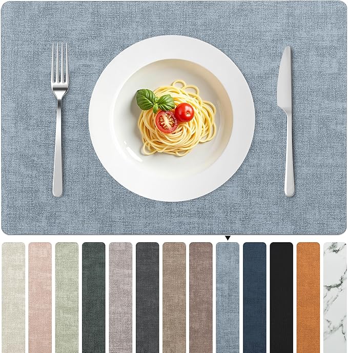 FROMHEART Faux Leather Placemats Set of 6–Waterproof,Heat/Oil Stain-Resistant PU Table Mat–Reversible,Non-Slip,Easy to Clean Place Mats for Kitchen,Dining,Indoor/Outdoor,(Light Blue,11.8" x 17")