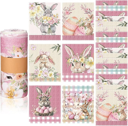 36 Pcs Easter Reusable Paper Towels Rolls Washable Bulk Easter Rabbit Bunny Kitchen Towels Paperless Reusable Cloth Cotton Napkins with Cardboard for Kitchen Bathroom