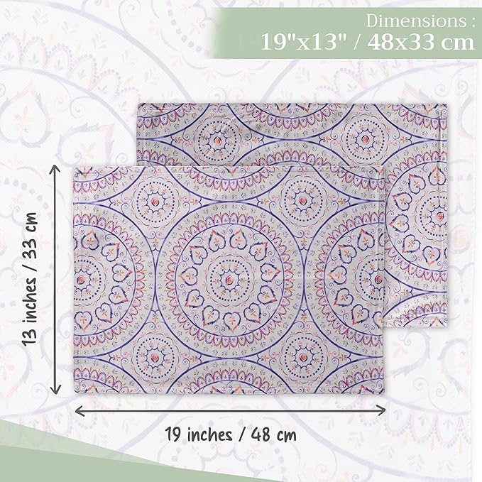 Maison d' Hermine Placemats Set of 4 100% Cotton Washable Cloth Place Mats, Reusable Table Mats for Kitchen Dining Decoration, Party, Wedding, Restaurant Spring/Summer (Mandala, 13" x 19")