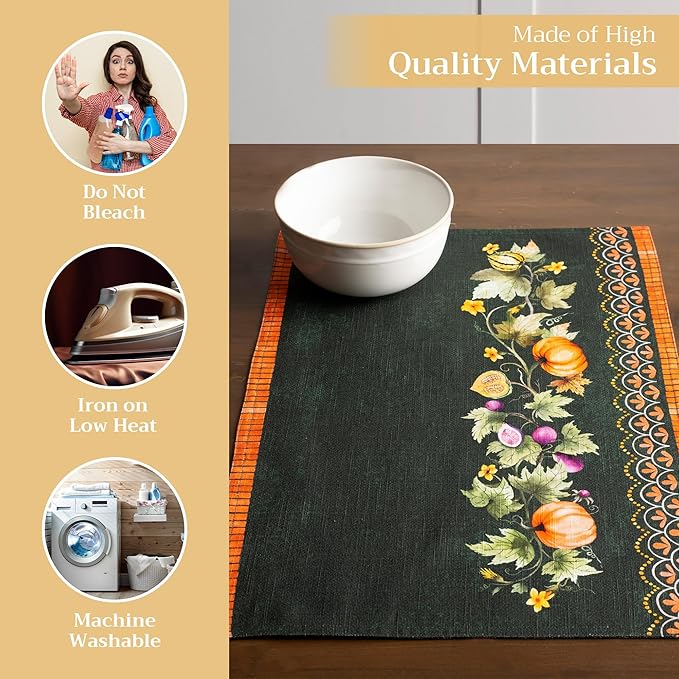 Maison d' Hermine Placemats Set of 4 100% Cotton Washable Cloth Place Mats, Reusable Table Mats for Thanksgiving Christmas Decorations Kitchen Dining Party (Pumpkin Garden - Dark Green, 13" x 19")