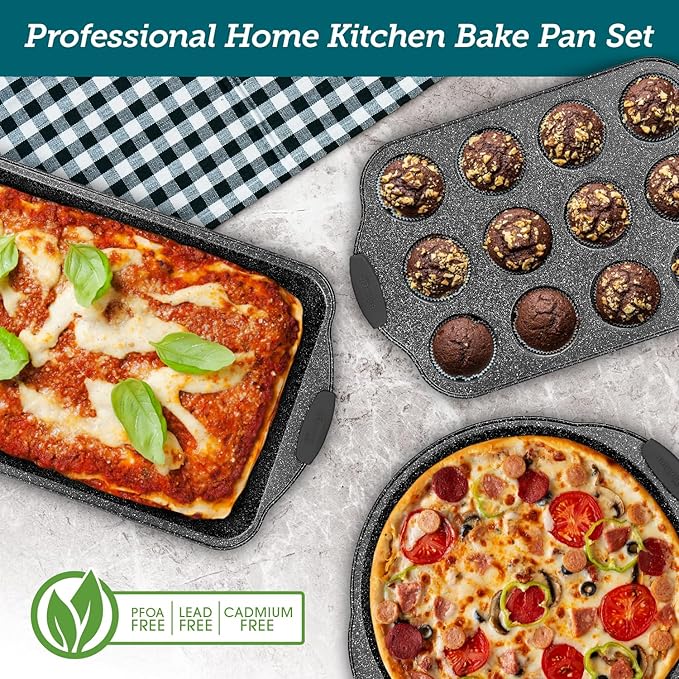 BAKKEN Kitchen Baking Pan Set - Nonstick Coating, Carbon Steel Bakeware Sets with Gray Silicone Handles, Baking Kitchen Essentials, PFOA, PFOS, PTFE Free, Oven Safe Tray (Up To 450° F), Set of 10