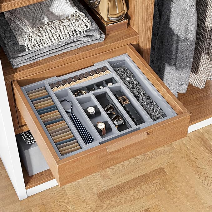 Pipishell Bamboo Expandable Drawer Organizer for Utensils Holder, Adjustable Cutlery Tray, Wood Drawer Dividers Organizer for Silverware, Flatware, Knives in Kitchen, Bedroom, Living Room(Grey)