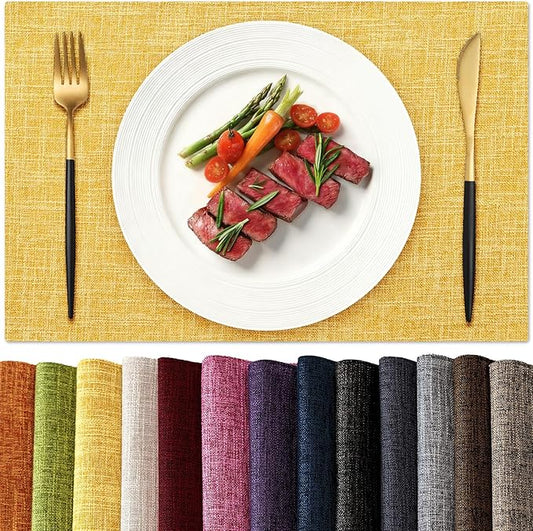 KXN Placemats Set of 4, Dual-Layer Thickened Faux Linen Table Mats, Heat Resistant & Wrinkle-Free, Machine Washable Cloth Place Mats for Kitchen Dining Indoor Outdoor (Yellow)