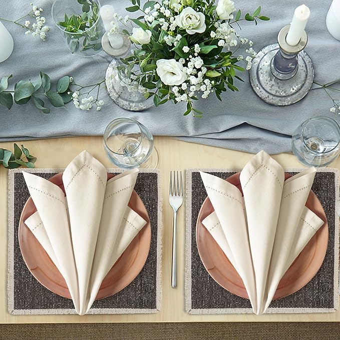 Hausattire Cloth Dinner Napkin Flax Fall Hemstitched Mitered Corner 20x20 Inch Natural Thanksgiving Decorative Soft Durable Table Linen Napkins Ideal for Halloween, Christmas, Cocktail Parties