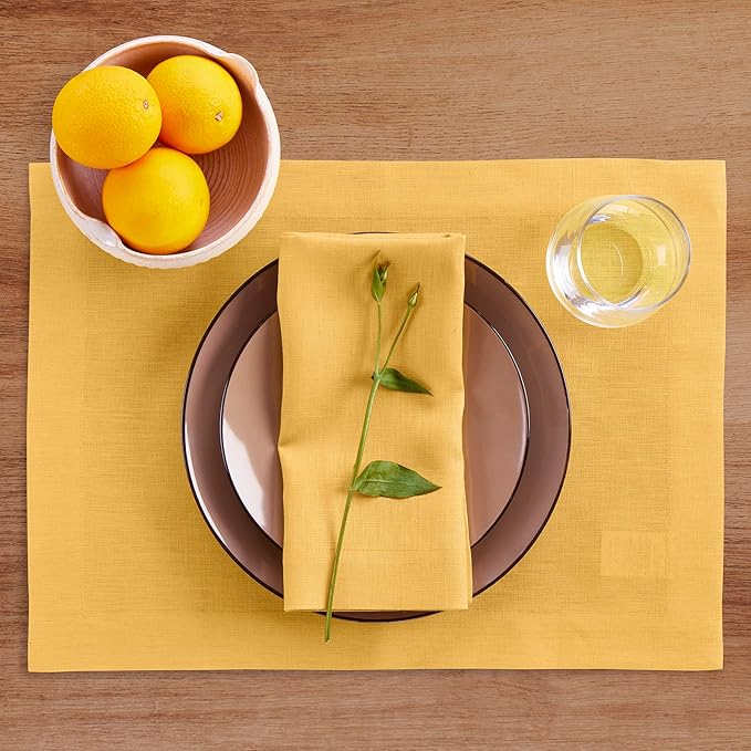 Solino Home Linen Placemats Set of 4 - Mustard Yellow Placemats 14 x 19 Inch - 100% Pure Linen Table Place Mats for Thanksgiving - Fete