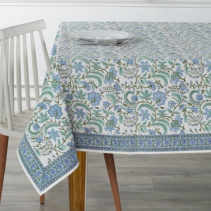 Ridhi Columbia Blue Hand Block Print Cotton Rectangle Tablecloth 118 x 70 inches Reusable Table Cover Decorative Everyday Use for Dining Room, Farmhouse, Home, Party, Festive & Wedding, Fall