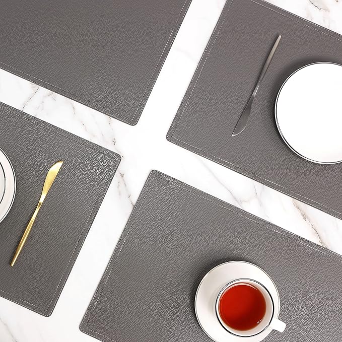 Set of 8 Faux Leather Placemats, PU Table Mats, Waterproof, Stain Resistant, Heat Resistant, Non-Slip Easy to Clean for Kitchen Dining Table,Conference Table C Grey Rectangle