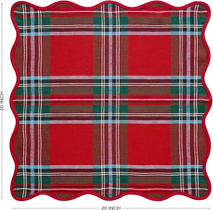 Solino Home Scallop Linen Napkins Set of 4-100% Pure Linen Red Madras Holiday Plaid Dinner Napkins Cloth 20 x 20 Inch for Christmas - Giselle Scallop Edge, Handcrafted and Machine Washable