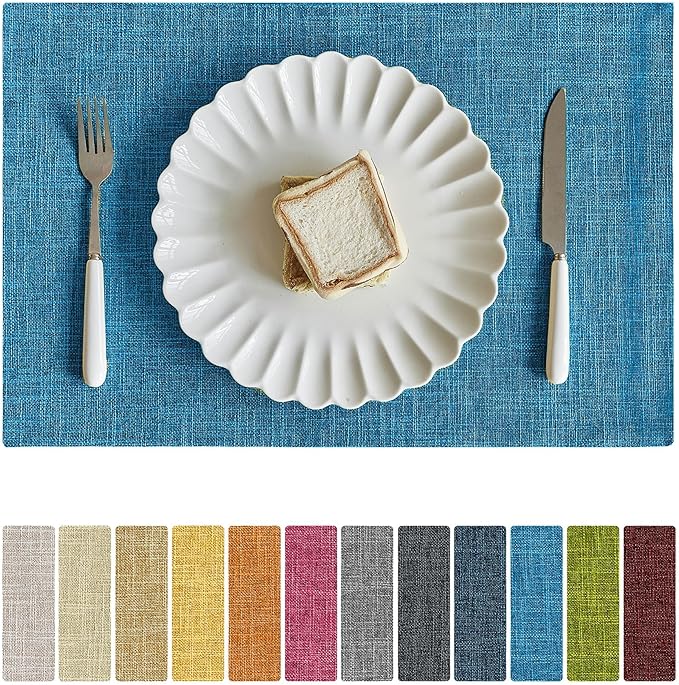 Softalker Faux Linen Placemats Set of 12-12 x 18 Inch, Heat Resistant Double Layered Durable Burlap Farmhouse Place Mats, Non-Slip Washable Rustic Table Mats for Dining, Kitchen, Party（Sky Blue