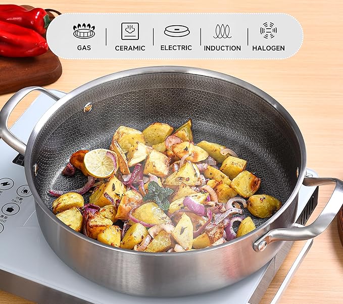 Inqibee 3 QT Hybrid Tri-Ply Stainless Steel Non Stick Sauté Pan with Lid,10 Inch Induction Deep Frying Pan,Skillet,Jumbo Cooker,Dishwasher and Oven Safe