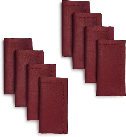 D'Moksha Homes Dark Red Linen Napkins Set of 8 - Classic Hemstitch 100% Pure Linen Hemstitch Dinner Napkins 20 x 20 Inch for Fall, Thanksgiving, Christmas, Holiday - Handcrafted and Machine Washable