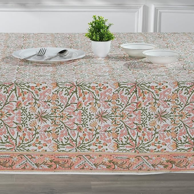 Ridhi Sassy Salmon Pink Hand Block Print Cotton Rectangle Tablecloth 108 x 60 inch-Reusable Table Cover Decorative Everyday Use for Dining Room, Farmhouse, Thanksgiving, Christmas Wedding, Fall