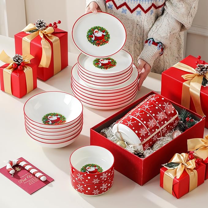 MALACASA Plates and Bowls Sets, 24 Pieces Christmas Porcelain Dinnerware Set for 8, Ceramic Dishware Dishes White Kitchen Dinner Dining Ware Set, Microwave and Dishwasher Safe, Series LUNA-Santa Claus