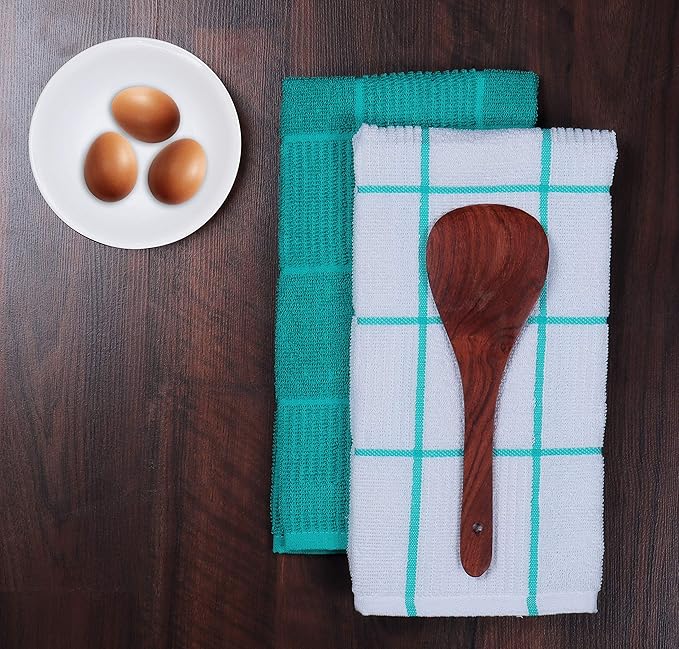 AMOUR INFINI Kitchen Towels Pack of 4 Absorbent, Quick Drying Premium Terry Cotton Dish Towel with Hanging Loop 16x28 Inch Hand & Tea Towels (Teal)