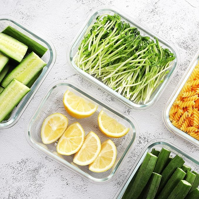 HOMBERKING 10 Pack 22oz Glass Meal Prep Containers, Food Storage Containers with Lids, Airtight Lunch Bento Boxes, BPA-Free & Leak Proof (10 lids & 10 Containers) - Grey