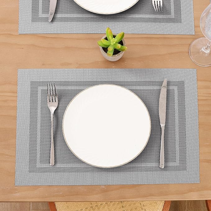 SHACOS Woven Vinyl Placemats Set of 6 Wipe Clean Place Mats for Dining Table Heat Resistant PVC Weave Table Mats Indoor Outdoor (6, Frame Grey)