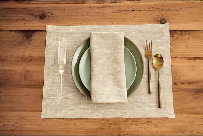 Solino Home Linen Cloth Placemats Set of 4-100% Pure Linen Champagne Beige Placemats 14 x 19 Inch for Fall, Autumn, Thanksgiving, Christmas, Holiday - Athena