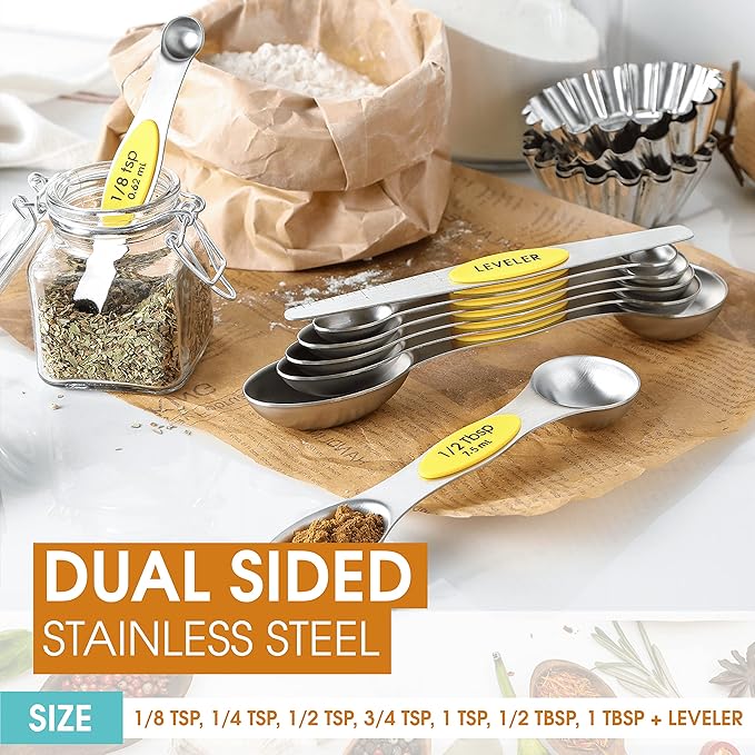 Spring Chef Yellow Stainless Steel Magnetic Measuring Spoons Set of 8 with Leveler, Dual Sided Metal Teaspoon & Tablespoon Measuring Spoons, Kitchen Gadgets for Baking & Cooking, Fits in Spice Jars