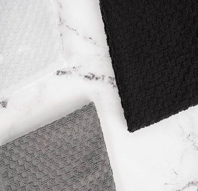 Wealuxe Premium 12 Pack Cotton Dobby Weave Kitchen Towels, Black/White, 15x26 Inches, 410 GSM, Machine Washable