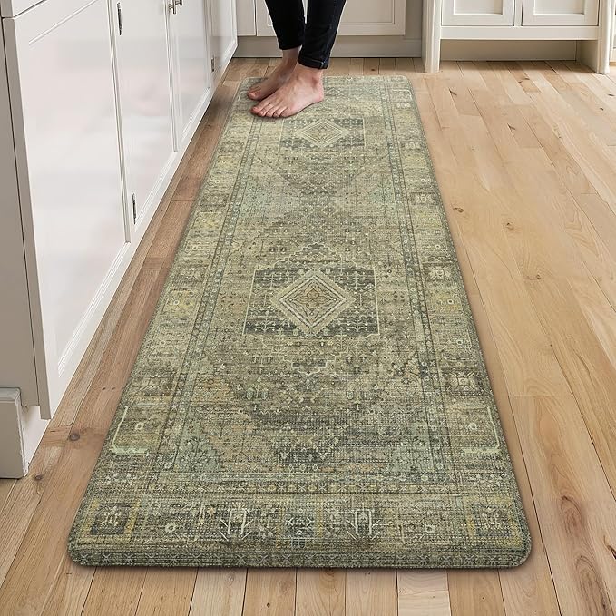 GENIMO Kitchen Mats for Floor, Washable Anti Fatigue Mat for Cushioned, 17.3"x59", Waterproof Kitchen Rugs, Non Slip Foam Comfort Standing Mat Rug for Home, Runner, Sink, Laundry, Tan
