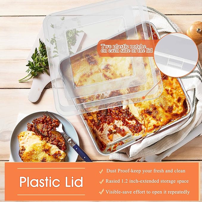 Herogo 8”x 8” Square Cake Pan, Stainless Steel Square Baking Pan with Lid, Cakes Brownie Lasagna Bakeware Set of 2, Healthy & Dishwasher Safe