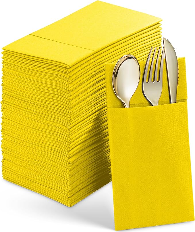 50-Pack Disposable Linen-Feel Dinner Napkins With Built-in Flatware Pocket, YELLOW Prefolded Cloth Like Paper Napkins For Wedding, Dinner Or Party