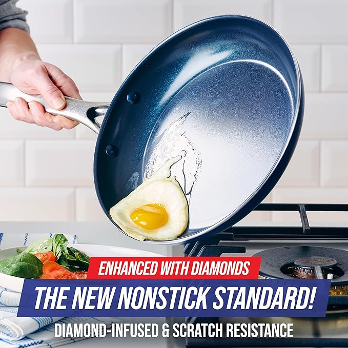 Blue Diamond Hard Anodized 8" 10" & 12" Diamond Infused Healthy Ceramic Nonstick Frying Pan Set, PFAS-Free, Stainless Steel Handle, Dishwasher & Oven Safe to 600F, Durable Cookware, Gray