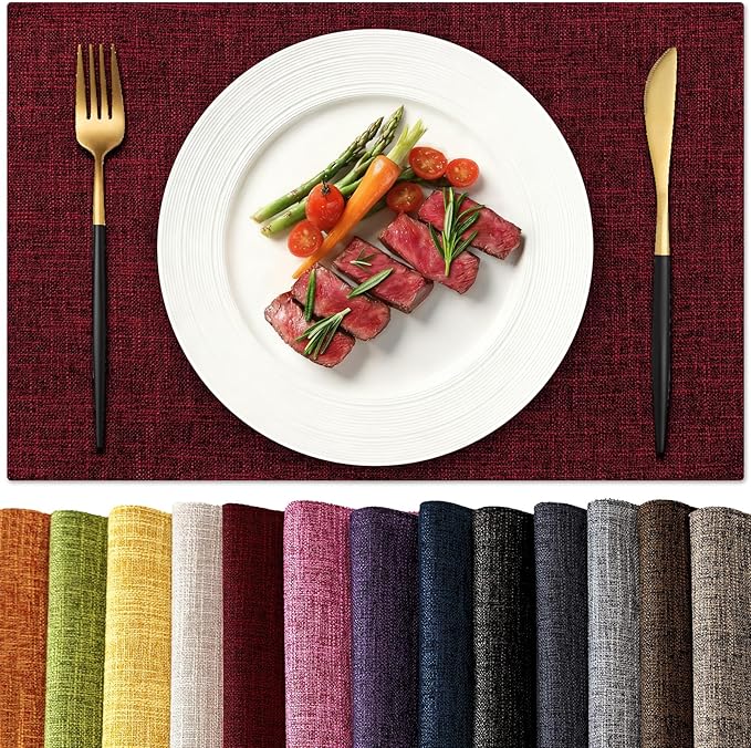 KXN Christmas Placemats Set of 4, Dual-Layer Thickened Faux Linen Table Mats, Heat Resistant & Wrinkle-Free, Machine Washable Cloth Place Mats for Kitchen Dining Indoor Outdoor (Red)