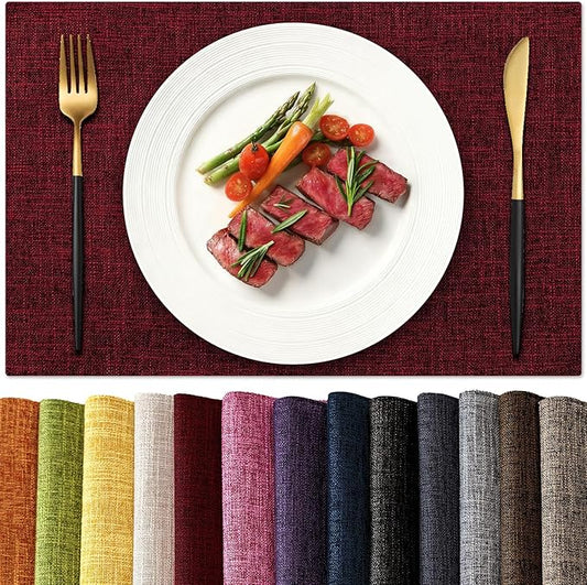 KXN Christmas Placemats Set of 4, Dual-Layer Thickened Faux Linen Table Mats, Heat Resistant & Wrinkle-Free, Machine Washable Cloth Place Mats for Kitchen Dining Indoor Outdoor (Red)