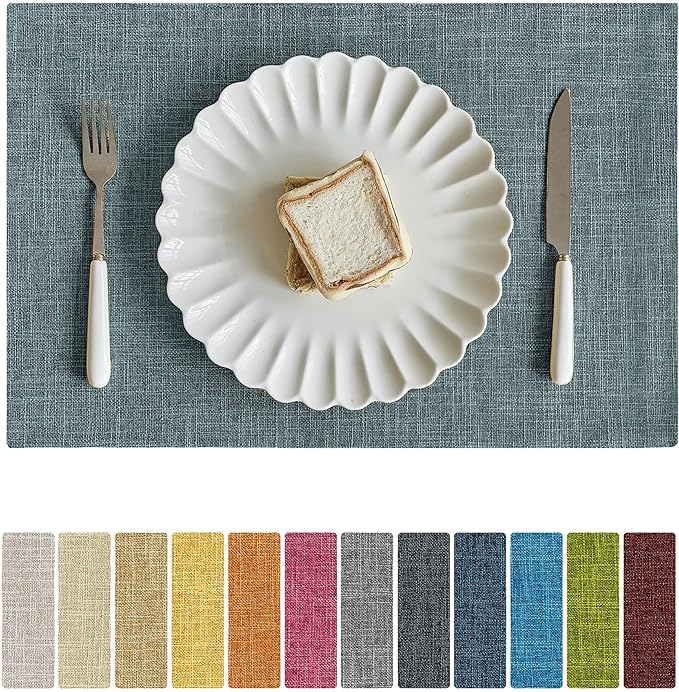 Softalker Faux Linen Placemats Set of 12-12 x 18 Inch, Heat Resistant Double Layered Durable Burlap Farmhouse Place Mats, Non-Slip Washable Rustic Table Mats for Dining, Kitchen, Party（Light Blue
