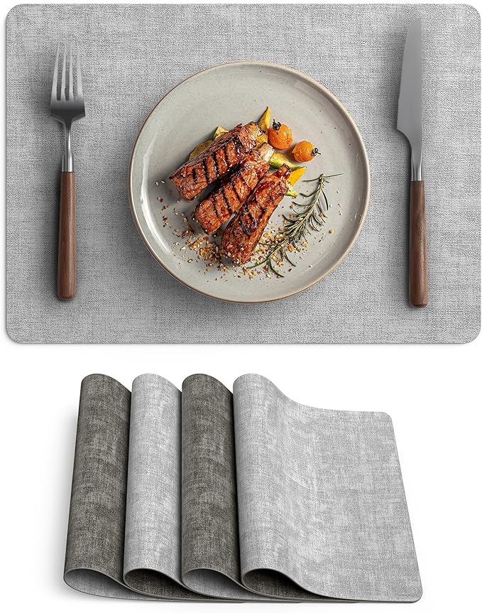 Faux Leather Vinyl Placemats Set of 4 Wipeable Heat Resistant Place Mats 100% Washable - Waterproof - Anti Slip Reversible Table Mats for Kitchen/Dining/Party, 12" x 16.5", Smokey Grey & Dark Grey