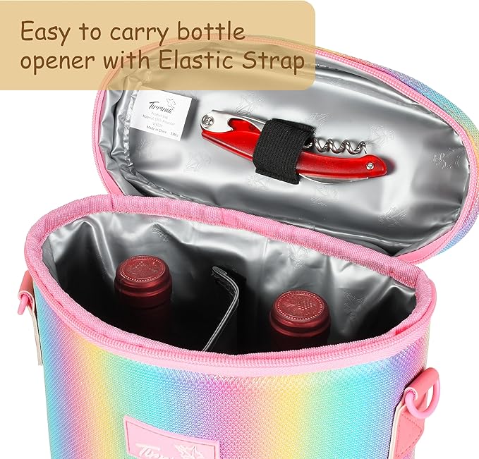 Tirrinia 2 Bottle Wine Gift Tote Carrier - Leakproof & Insulated Padded Versatile Wine Cooler Bag for Travel, BYOB Restaurant, Wine Tasting, Party, Dinner, Gift for Wine Lovers, Rainbow