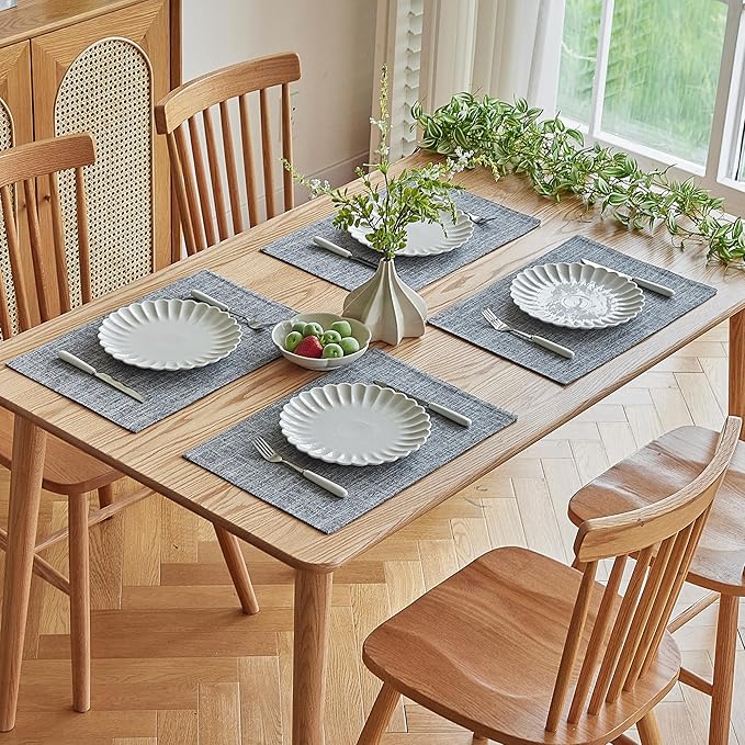 Softalker Faux Linen Placemats Set of 12-12 x 18 Inch, Heat Resistant Double Layered Durable Burlap Farmhouse Place Mats, Non-Slip Washable Rustic Table Mats for Dining, Kitchen, Party（Light Grey