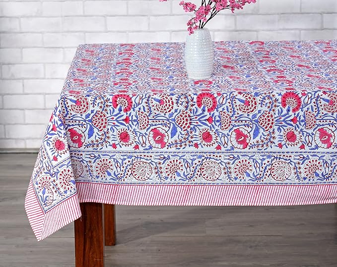 Ridhi Pigeon Blue Hand Block Print Cotton Rectangle Tablecloth 190 x 72 inch-Reusable Table Cover Decorative Everyday Use for Dining Room, Farmhouse, Thanksgiving, Christmas Wedding, Fall