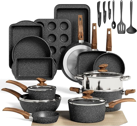 MAISON ARTS Pots and Pans Set Non Stick, 30 Piece Kitchen Cookware & Bakeware Sets with Granite Coating, Pots and Pans Sets for Cooking Nonstick, Black