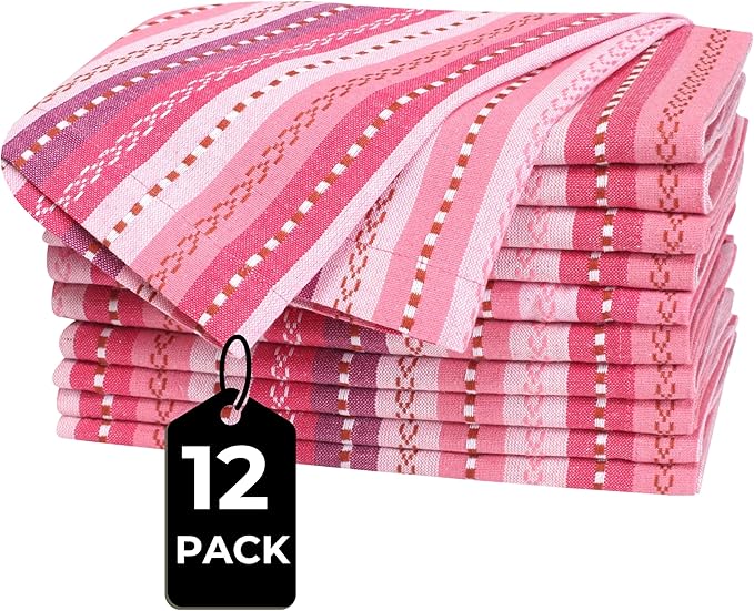 Bedding Craft Cotton Cloth Dinner Napkins Set of 12 – 18x18 Pink Multi Salsa Stripe – Reusable Machine Washable Fabric Napkins for Weddings, Parties, Kitchen & Everyday Dining