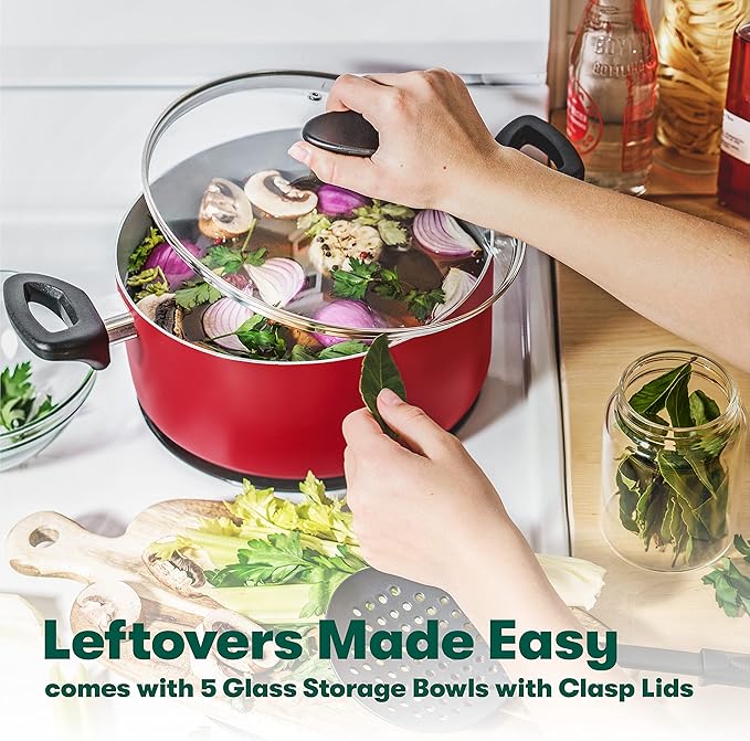 BELLA Cookware Set, 12 Piece Pots and Pans with Utensils, Nonstick Scratch Resistant Cooking Surface Compatible with All Stoves, Nylon and Aluminum, Red