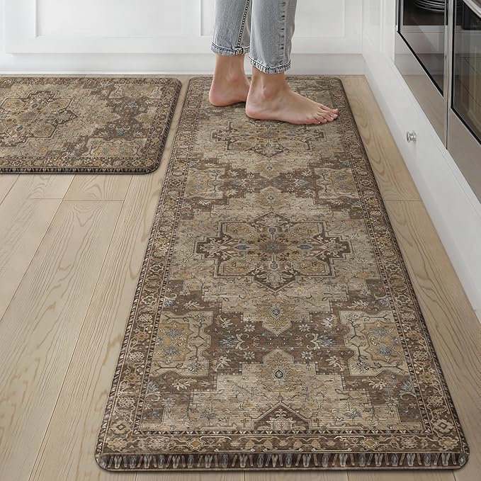 GENIMO Kitchen Mats for Floor 2PCs, Washable Anti Fatigue Mat for Cushioned, 17.3"x59"+17.3"x30", Waterproof Kitchen Rugs, Non Slip Comfort Standing Mat Rug for Home, Sink, Laundry, Rustic Brown