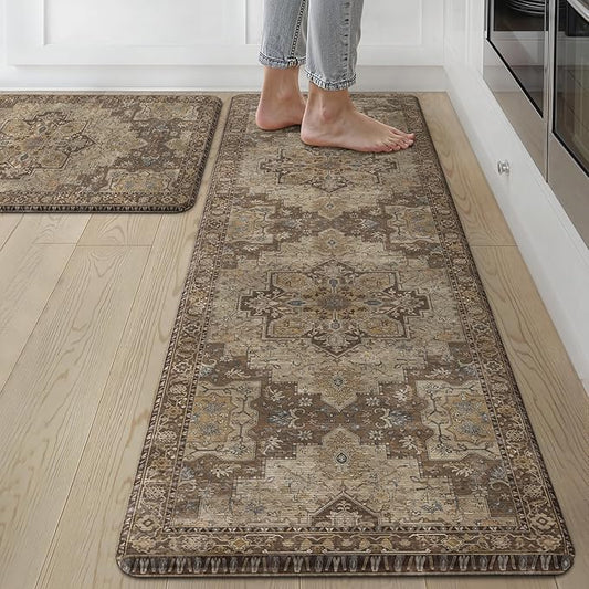 GENIMO Kitchen Mats for Floor 2PCs, Washable Anti Fatigue Mat for Cushioned, 17.3"x59"+17.3"x30", Waterproof Kitchen Rugs, Non Slip Comfort Standing Mat Rug for Home, Sink, Laundry, Rustic Brown