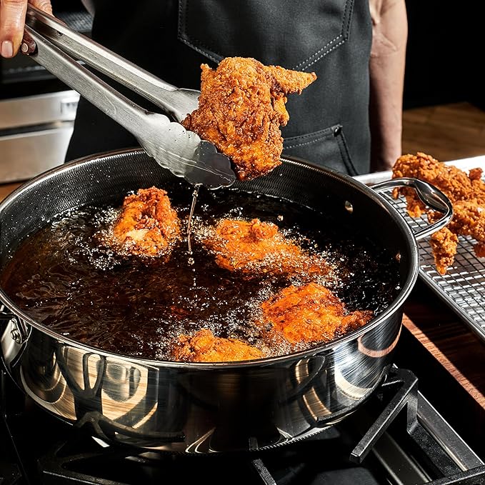 HexClad Hybrid Nonstick 7-Quart Sauté Pan with Tempered Glass Lid, Chicken Fryer, Stay-Cool Handles, Dishwasher-Friendly, Oven-Safe Up to 900°F, Induction Ready, Compatible with All Cooktops