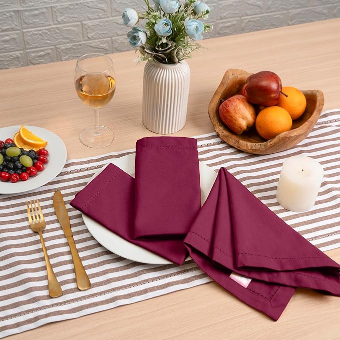 Blue Needles Set of 12 Hemstitch Linen Napkins 100% Cotton Burgundy Cloth Dinner Napkins 18x18 inches, Soft, Reusable, Absorbent, Washable, Ideal for Fall Thanksgiving Events, Parties & Everyday Use