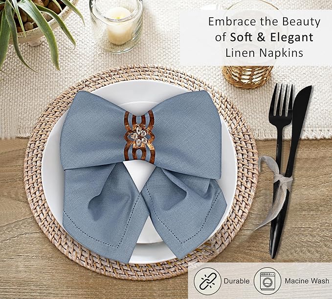 Ruvanti Premium Linen Napkins Set of 4-20x20 Inch, Classic Hemstitch, Mitered Corner Cloth Napkins ‎‎- Soft, Elegant Dinner Napkins Cloth Washable for Weddings, Parties, Everyday Use - Grey