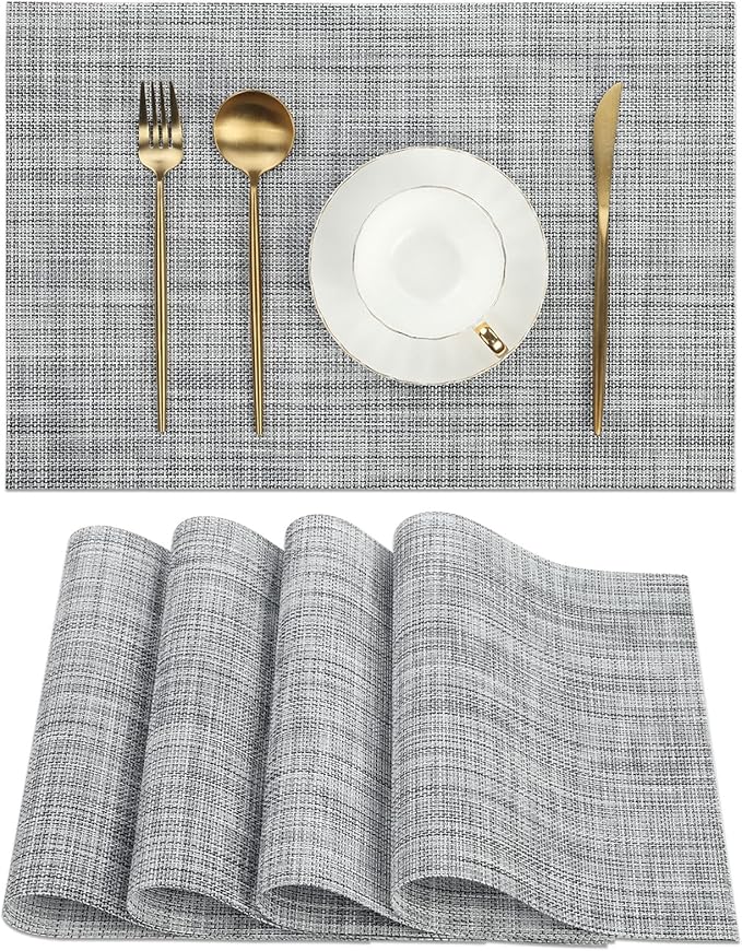 SHACOS Woven Vinyl Placemats Set of 4 Wipe Clean Reversible Table Mats Heat Resistant Wipeable Non Slip Place Mats Indoor Outdoor, Gray White