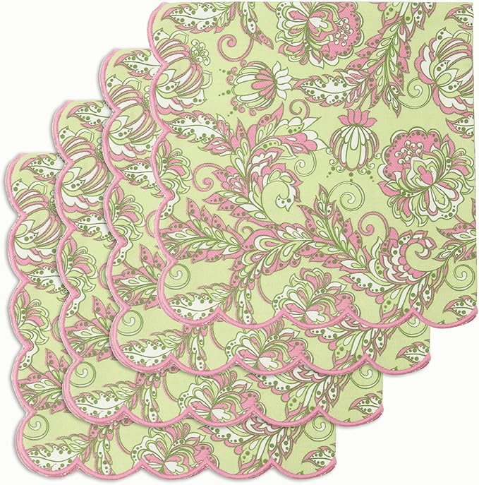 PurpleEssences Scalloped Embroidery Kalamkari Cloth Napkins Christmas Holiday Winter Table Decor 100% Cotton Set of 4-18 x 18 inch - Sage Green Edges - Blush Pink